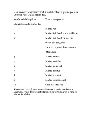 ainsi accéder progressivement à la distinction suprême pour un
Guerrier Kaï : Grand Maître Kaï.
Nombre de Disciplines Titre correspondant
Maîtrisées par le Maître Kaï
1 Maître Kaï
2 Maître Kaï d'ordreintermédiaire
3 Maître Kaï d'ordresupérieur
(C'est à ce rang que
vous entreprenez les aventures
Magnakaï.)
4 Maître primat
5 Maître tutélaire
6 Maître principal
7 Maître mentor
8 Maître éminent
9 Maître transcendant
10 Grand Maître Kaï
Si vous avez rempli avec succès les deux premières missions
Magnakaï, vous débutez cette troisième aventure avec le rang de
Maître Tutélaire.
 