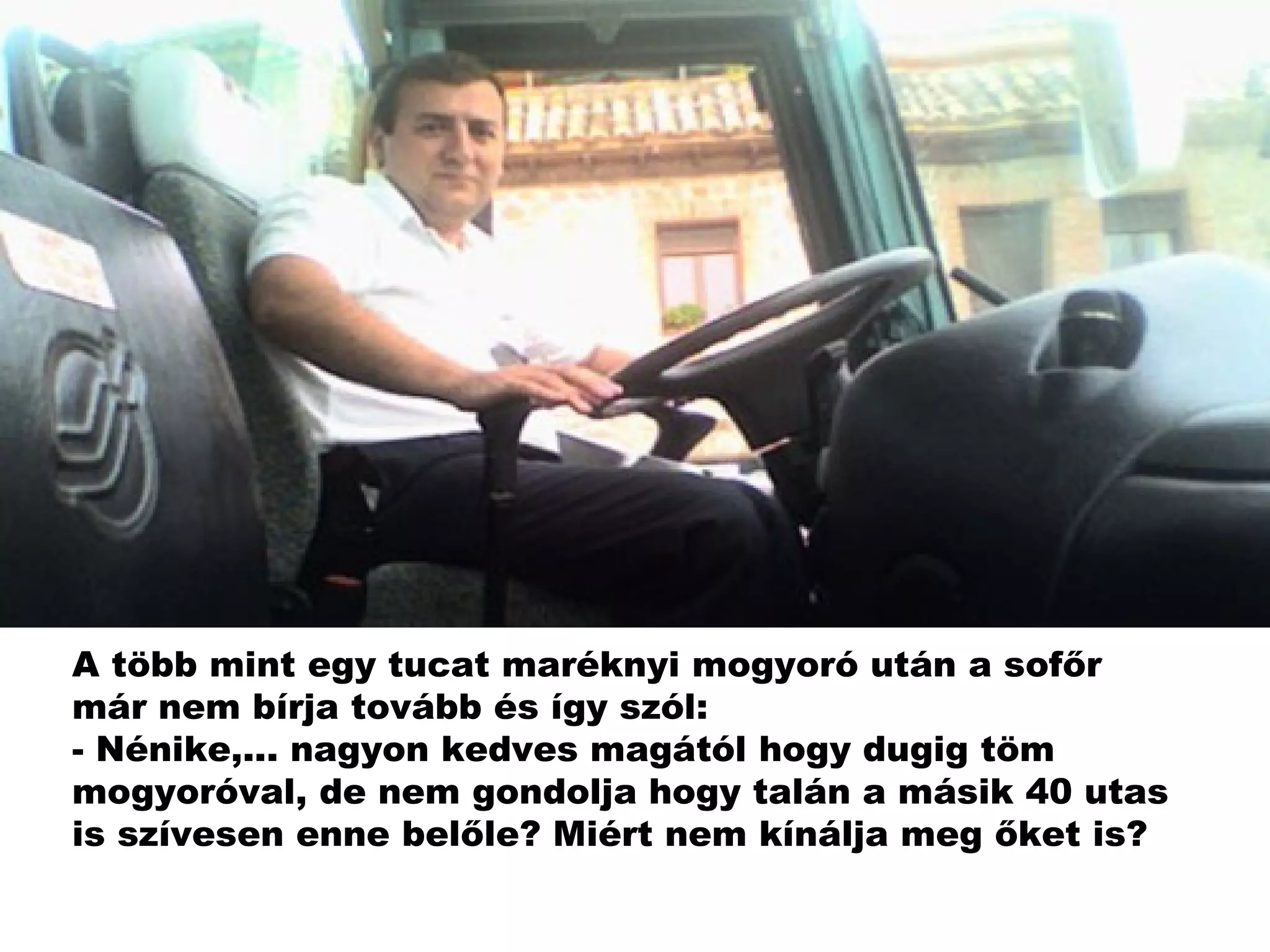 A több mint egy tucat maréknyi mogyoró után a sof ő r már nem bírja tovább és így szól: - Nénike,... nagyon kedves magától hogy dugig töm mogyoróval, de nem gondolja hogy talán a másik 40 utas is szívesen enne bel ő le? Miért nem kínálja meg  ő ket is? 