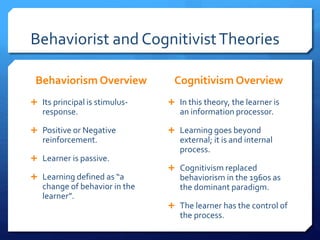 Behaviorist and CognitivistTheories
Behaviorism Overview
 Its principal is stimulus-
response.
 Positive or Negative
rei...