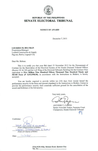 Notice of Award: Contract for the Renovation of the Electrical System of the Senate Electoral Tribunal Offices