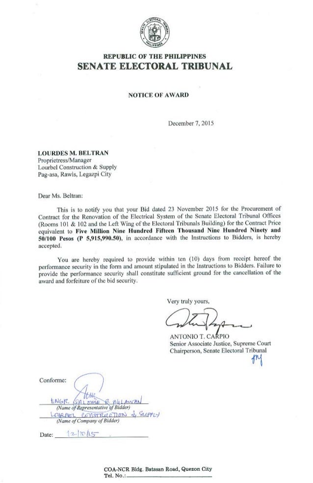 notice of award contract for the renovation of the electrical system contract renovation