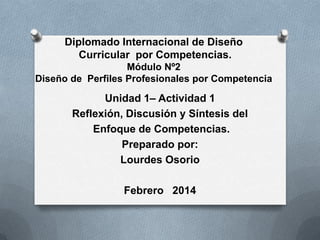 Diplomado Internacional de Diseño
Curricular por Competencias.
Módulo Nº2
Diseño de Perfiles Profesionales por Competencia

Unidad 1– Actividad 1
Reflexión, Discusión y Síntesis del
Enfoque de Competencias.
Preparado por:
Lourdes Osorio

Febrero 2014

 