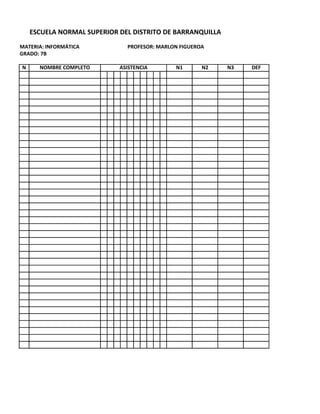 ESCUELA NORMAL SUPERIOR DEL DISTRITO DE BARRANQUILLA
MATERIA: INFORMÁTICA PROFESOR: MARLON FIGUEROA
GRADO: 7B
N NOMBRE COMPLETO ASISTENCIA N1 N2 N3 DEF