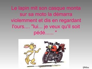 Le lapin mit son casque monta
    sur sa moto la démarra
violemment et dis en regardant
l'ours.... "lui... je veux qu'il soit
             pédé...... "




                                        Philou
 