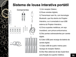 Sistema de lousa interativa portátil
1) Um receptor Station;
2) Duas canetas digitais;
3) Transmissor sem fio, com tecnologia
Bluetooth, que fica dentro do Projetor
Interativo, ou é conectado à sua USB
externa do Projetor Interativo;
4) Cinco suportes metálicos, em aço
inoxidável, com pintura anticorrosiva;
5) Dez pontas sobressalentes por caneta
digital;
6) Cabo USB para recarga da bateria da
caneta digital;
7) Cabo USB de quatro metros para
recarga do receptor Station;
8) Dez fitas adesivas do tipo dupla-face
para fixação do suporte metálico;
Componentes
31
 