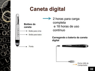 Caneta digital
Botões da
caneta
Carregando a bateria da caneta
digital
2 horas para carga
completa
e 18 horas de uso
contínuo
32
 