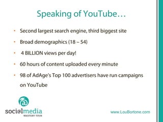 Speaking of YouTube…
• Second largest search engine, third biggest site

• Broad demographics (18 – 54)

•   4 BILLION vie...