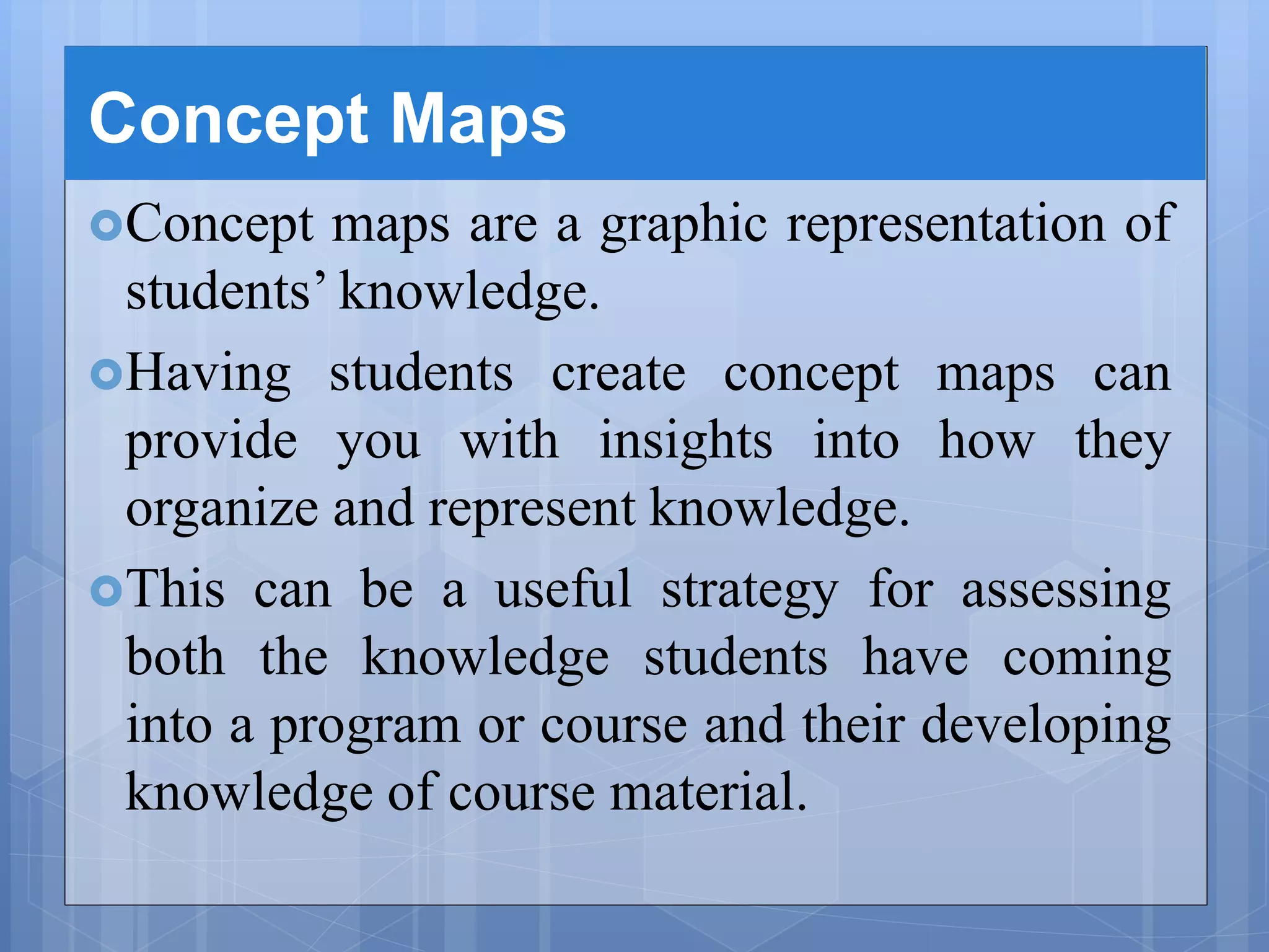 Concept Maps
Concept maps are a graphic representation of
students’ knowledge.
Having students create concept maps can
provide you with insights into how they
organize and represent knowledge.
This can be a useful strategy for assessing
both the knowledge students have coming
into a program or course and their developing
knowledge of course material.
 