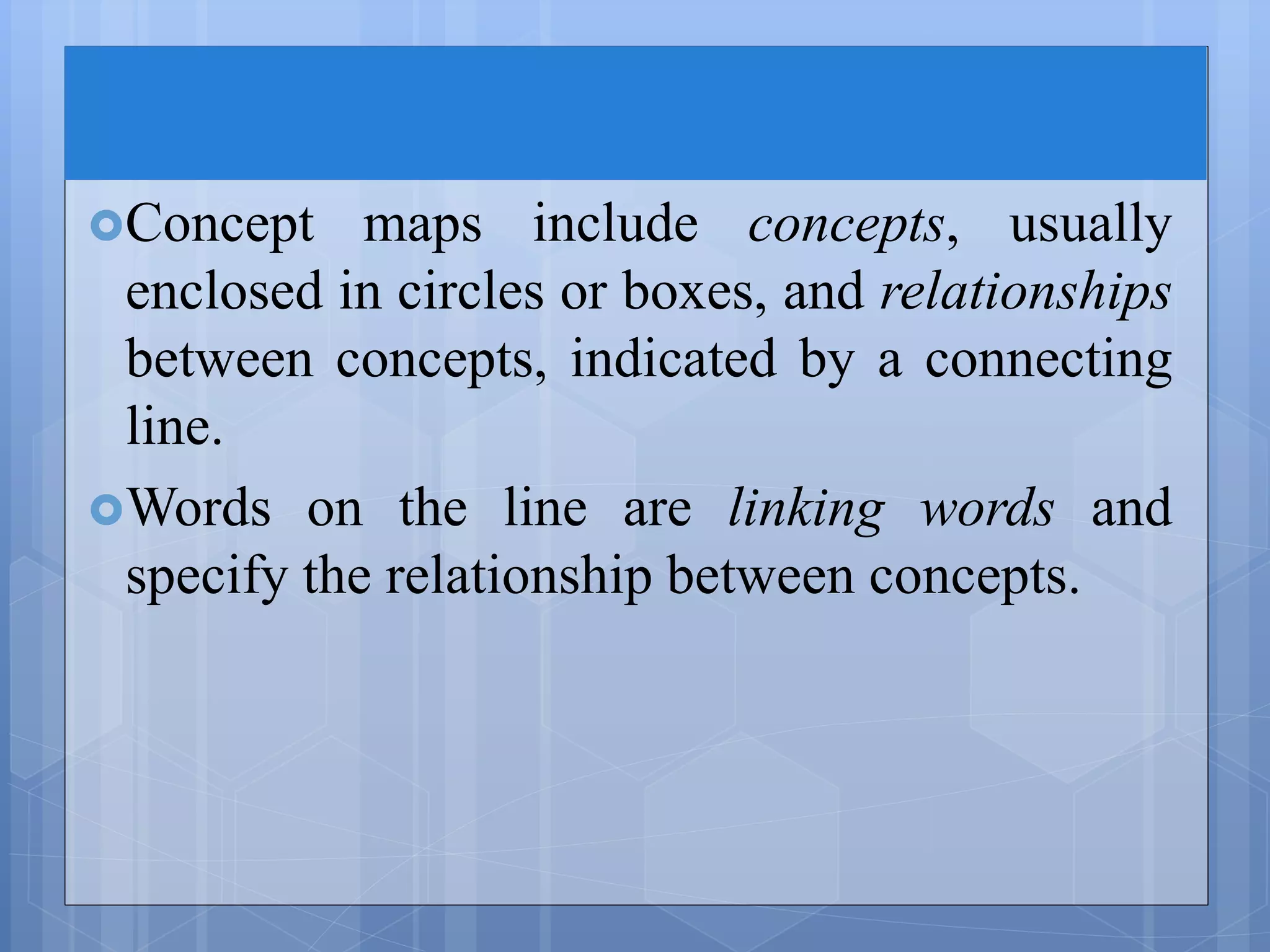 Concept maps include concepts, usually
enclosed in circles or boxes, and relationships
between concepts, indicated by a connecting
line.
Words on the line are linking words and
specify the relationship between concepts.
 