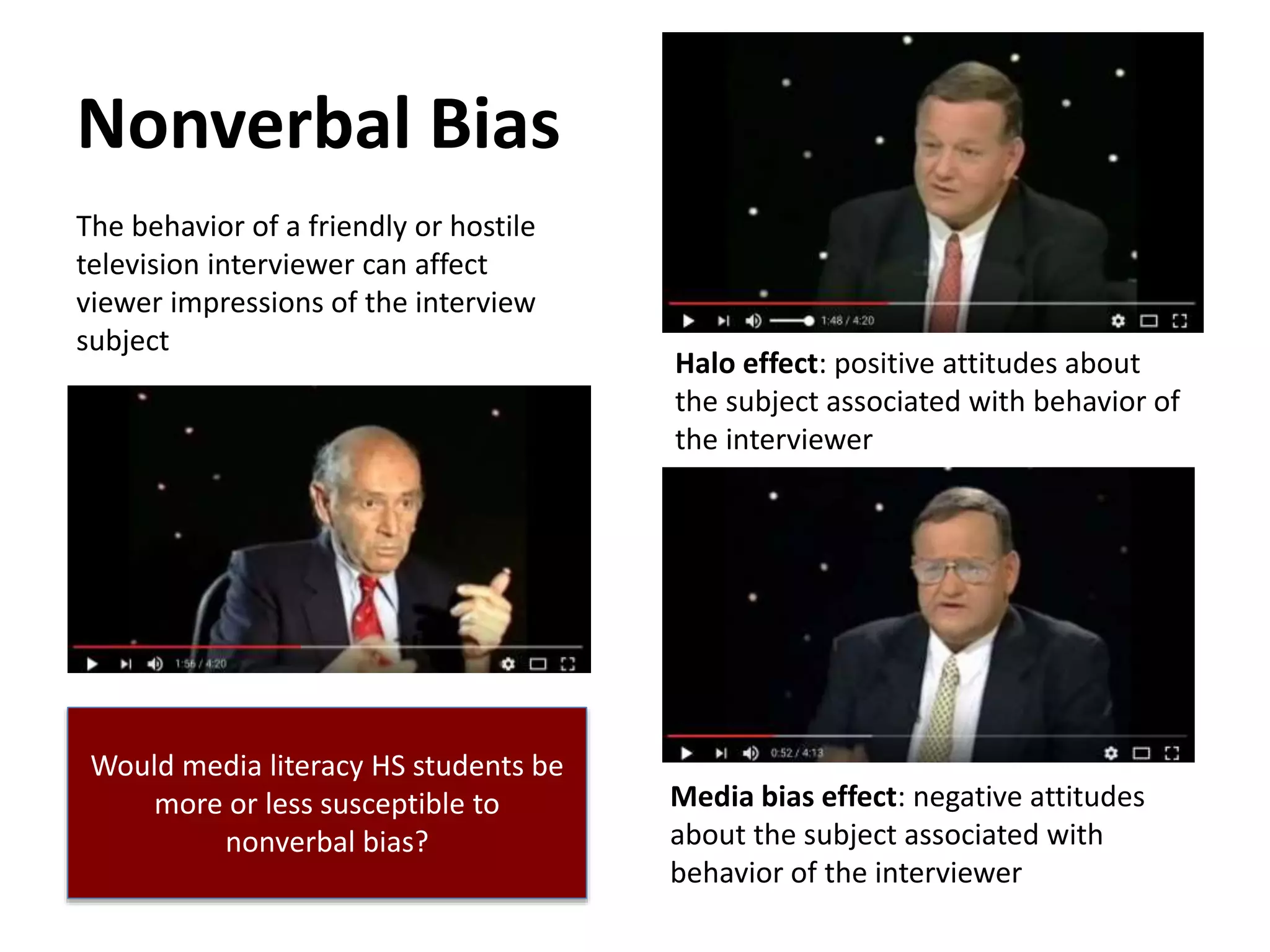 Nonverbal Bias
The behavior of a friendly or hostile
television interviewer can affect
viewer impressions of the interview
subject
Halo effect: positive attitudes about
the subject associated with behavior of
the interviewer
Media bias effect: negative attitudes
about the subject associated with
behavior of the interviewer
Would media literacy HS students be
more or less susceptible to
nonverbal bias?
 