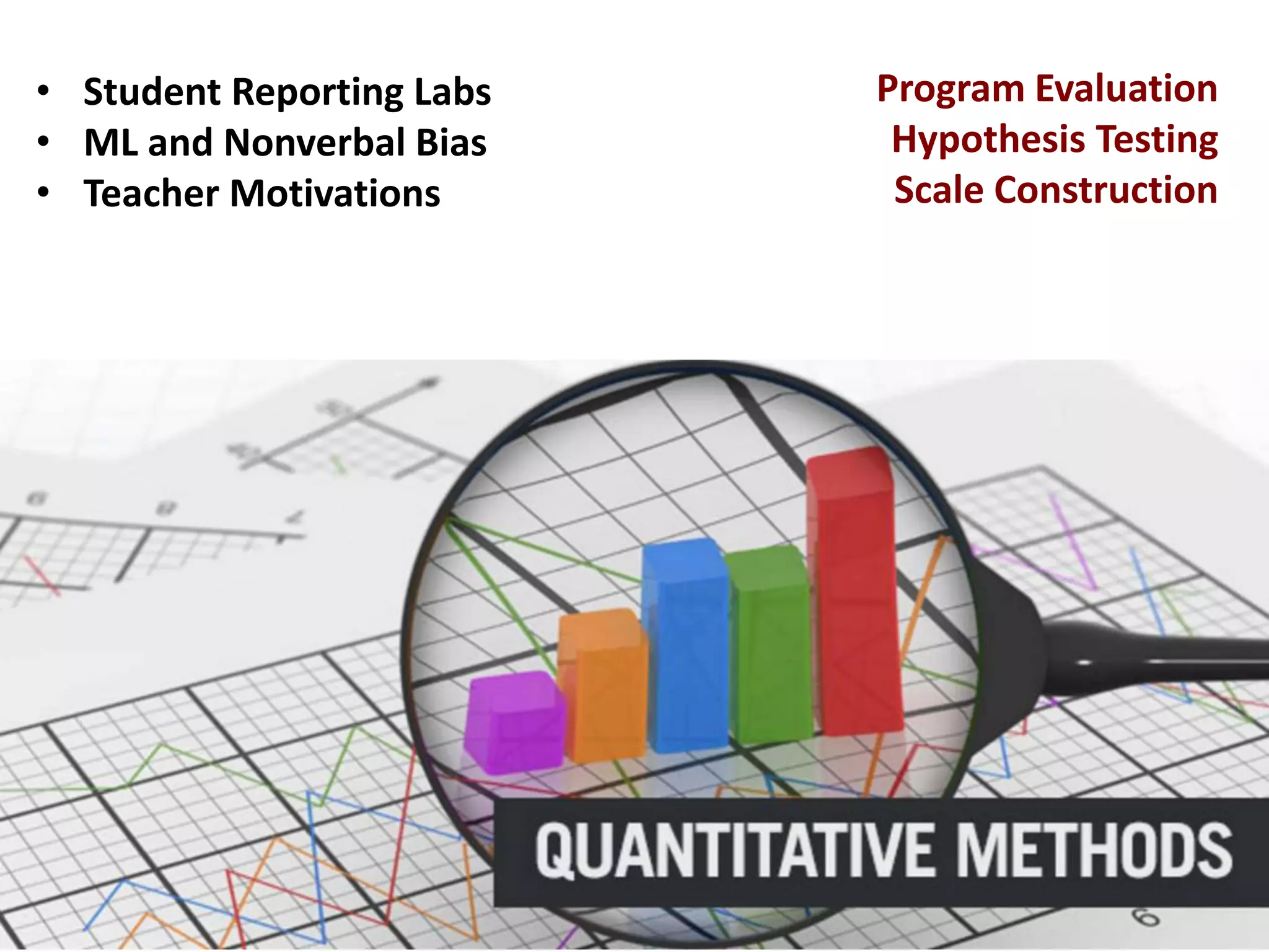 • Student Reporting Labs
• ML and Nonverbal Bias
• Teacher Motivations
Program Evaluation
Hypothesis Testing
Scale Construction
 