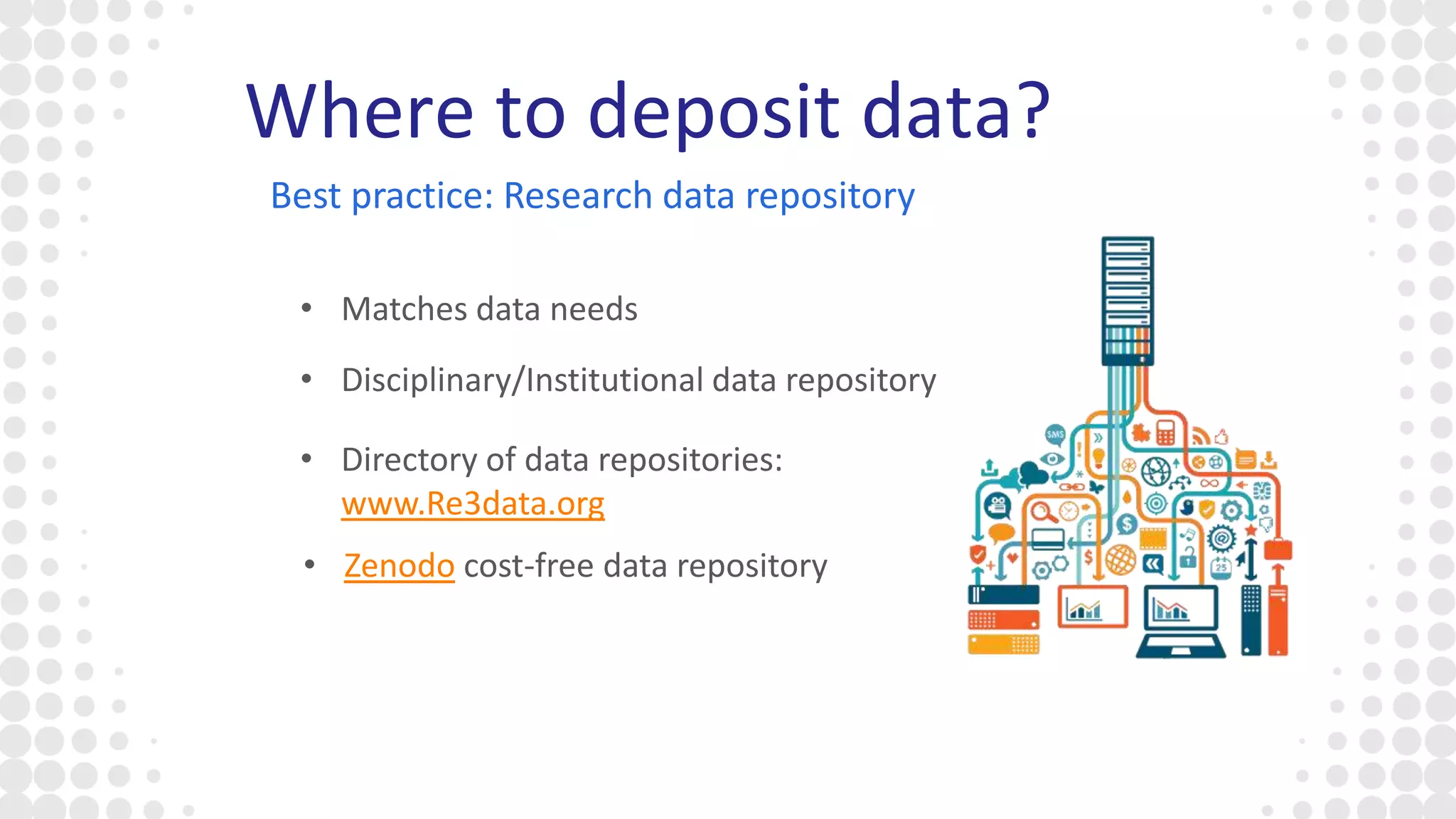 Where to deposit data?
• Disciplinary/Institutional data repository
Best practice: Research data repository
• Zenodo cost-free data repository
• Matches data needs
• Directory of data repositories:
www.Re3data.org
 
