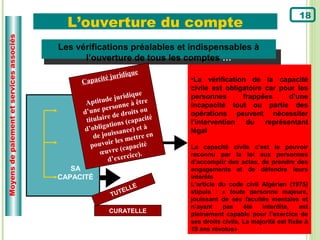 18
                                            L’ouverture du compte
Moyens de paiement et services associés



                                          Les vérifications préalables et indispensables à
                                                l’ouverture de tous les comptes …
                                                               ique
                                                     t é jurid
                                               Capaci                        •La vérification de la capacité
                                                                             civile est obligatoire car pour les
                                                                  ique
                                                        d e jurid tre        personnes       frappées      d’une
                                                 Aptitu onne à ê             incapacité tout ou partie des
                                                         ers
                                                d’une p de droits ou         opérations peuvent nécessiter
                                                         e
                                                 titulair ns (capacité       l’intervention   du    représentant
                                                         atio
                                                d’oblig ssance) et à         légal
                                                    de joui         tre en
                                                           r les met é
                                                   pouvoi (capacit           La capacité civile c’est le pouvoir
                                                      œuvre        ce).      reconnu par la loi aux personnes
                                                          d’exerci           d’accomplir des actes, de prendre des
                                             SA                              engagements et de défendre leurs
                                          CAPACITÉ                           intérêts
                                                                 E           L’article du code civil Algérien (1975)
                                                              ELL            stipule : « toute personne majeure,
                                                          TUT
                                                                             jouissant de ses facultés mentales et
                                                                             n’ayant    pas     été   interdite,    est
                                                         CURATELLE
                                                                             pleinement capable pour l’exercice de
                                                                             ses droits civils. La majorité est fixée à
                                                                             19 ans révolus»
 