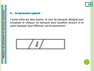 Moyens de paiement et services associés                                                                     48


                                          b - le barrement spécial :

                                          il porte entre les deux barres, le nom du banquier désigné pour
                                          encaisser le chèque; ce banquier peut toutefois recourir à un
                                          autre banquier pour effectuer cet encaissement .



                                                               BN A
 
