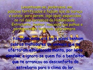       Ninguém sabe até hoje quais tenham sido os tratadores de animais que te ofertaram esburacada manta, por leito simples, e ignora-se quem foi o benfeitor que te arrancou ao desconforto da estrebaria para o clima do lar.     Levantavam-se, poderosos, em palácios fortificados e faziam leis de baraço e cutelo, para serem, logo após, esquecidos no rol dos carrascos da Humanidade.     Entretanto, Senhor, nasceste nas palhas e permaneceste lembrado para sempre. 