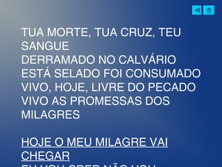 TUA MORTE, TUA CRUZ, TEU
SANGUE
DERRAMADO NO CALVÁRIO
ESTÁ SELADO FOI CONSUMADO
VIVO, HOJE, LIVRE DO PECADO
VIVO AS PROMESSAS DOS
MILAGRES
HOJE O MEU MILAGRE VAI
CHEGAR
 