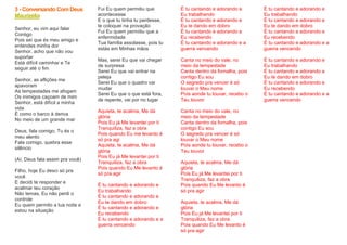 3 - Conversando Com Deus
Maurizélia
Senhor, eu vim aqui falar
Contigo
Pois sei que és meu amigo e
entendes minha dor
Senhor, acho que não vou
suportar
Está difícil caminhar e Te
seguir até o fim
Senhor, as aflições me
apavoram
As tempestades me afogam
Os inimigos caçoam de mim
Senhor, está difícil a minha
vida
É como o barco à deriva
No meio de um grande mar
Deus, fala comigo, Tu és o
meu alento
Fala comigo, quebra esse
silêncio
(Aí, Deus fala assim pra você)
Filho, hoje Eu desci só pra
você
E decidi te responder e
acalmar teu coração
Não temas, Eu não perdi o
controle
Eu quem permito a tua noite e
estou na situação
Fui Eu quem permitiu que
acontecesse
E o que tu tinha tu perdesse,
te coloquei na provação
Fui Eu quem permitiu que a
enfermidade
Tua família assolasse, pois tu
estás em Minhas mãos
Mas, serei Eu que vai chegar
de surpresa
Serei Eu que vai entrar na
peleja
Serei Eu que o quadro vai
mudar
Serei Eu que o que está fora,
de repente, vai por no lugar
Aquieta, te acalma, Me dá
glória
Pois Eu já Me levantei por ti
Tranquiliza, faz a obra
Pois quando Eu me levanto é
só pra agi
Aquieta, te acalma, Me dá
glória
Pois Eu já Me levantei por ti
Tranquiliza, faz a obra
Pois quando Eu Me levanto é
só pra agir
É tu cantando e adorando e
Eu trabalhando
É tu cantando e adorando e
Eu te dando em dobro
É tu cantando e adorando e
Eu recebendo
É tu cantando e adorando e a
guerra vencendo
É tu cantando e adorando e
Eu trabalhando
É tu cantando e adorando e
Eu te dando em dobro
É tu cantando e adorando e
Eu recebendo
É tu cantando e adorando e a
guerra vencendo
Canta no meio do vale, no
meio da tempestade
Canta dentro da fornalha, pois
contigo Eu sou
O segredo pra vencer é só
louvar o Meu nome
Pois aonde tu louvar, recebo o
Teu louvor
Canta no meio do vale, no
meio da tempestade
Canta dentro da fornalha, pois
contigo Eu sou
O segredo pra vencer é só
louvar o Meu nome
Pois aonde tu louvar, recebo o
Teu louvor
Aquieta, te acalma, Me dá
glória
Pois Eu já Me levantei por ti
Tranquiliza, faz a obra
Pois quando Eu Me levanto é
só pra agir
Aquieta, te acalma, Me dá
glória
Pois Eu já Me levantei por ti
Tranquiliza, faz a obra
Pois quando Eu Me levanto é
só pra agir
É tu cantando e adorando e
Eu trabalhando
É tu cantando e adorando e
Eu te dando em dobro
É tu cantando e adorando e
Eu recebendo
É tu cantando e adorando e a
guerra vencendo
É tu cantando e adorando e
Eu trabalhando
É tu cantando e adorando e
Eu te dando em dobro
É tu cantando e adorando e
Eu recebendo
É tu cantando e adorando e a
guerra vencendo
 