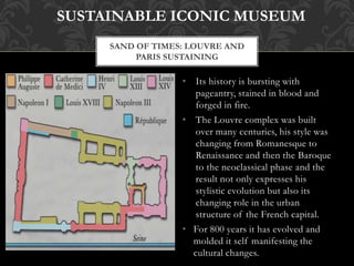 • Its history is bursting with
pageantry, stained in blood and
forged in fire.
• The Louvre complex was built
over many centuries, his style was
changing from Romanesque to
Renaissance and then the Baroque
to the neoclassical phase and the
result not only expresses his
stylistic evolution but also its
changing role in the urban
structure of the French capital.
• For 800 years it has evolved and
molded it self manifesting the
cultural changes.
SAND OF TIMES: LOUVRE AND
PARIS SUSTAINING
SUSTAINABLE ICONIC MUSEUM
 