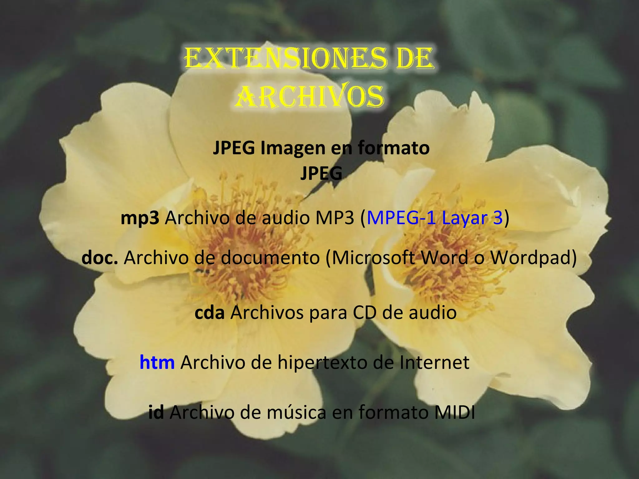 JPEG Imagen en formato
JPEG
mp3 Archivo de audio MP3 (MPEG-1 Layar 3)
doc. Archivo de documento (Microsoft Word o Wordpad)
cda Archivos para CD de audio
htm Archivo de hipertexto de Internet
id Archivo de música en formato MIDI