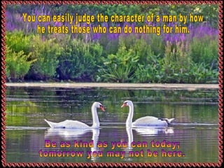 You can easily judge the character of a man by how  he treats those who can do nothing for him. Be as kind as you can today; tomorrow you may not be here. 