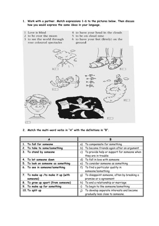 1. Work with a partner. Match expressions 1-6 to the pictures below. Then discuss
how you would express the same ideas in your language.
2. Match the multi-word verbs in “A” with the definitions in “B”.
A B
1. To fall for someone a) To compensate for something
2. To take to some/something b) To become friends again after an argument
3. To stand by someone c) To provide help or support for someone when
they are in trouble
4. To let someone down d) To fall in love with someone
5. To look on someone as something e) To consider someone as something
6. To see in someone/something f) To find a particular quality in
someone/something
7. To make up /to make it up (with
someone)
g) To disappoint someone, often by breaking a
promise or a agreement
8. To grow up apart (from someone) h) To end a relationship or marriage
9. To make up for something i) To begin to like someone/something
10.To split up j) To develop separate interests and become
gradually less close to someone.
 