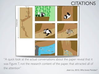 CITATIONS




“A quick look at the actual conversations about the paper reveal that it
was Figure 7, not the research content of the paper, that attracted all of
the attention”
                                                    Jean Liu, 2013, Who loves Pandas?
 