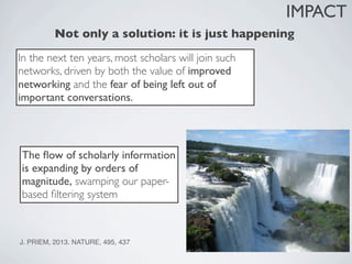 IMPACT
          Not only a solution: it is just happening
In the next ten years, most scholars will join such
networks, driven by both the value of improved
networking and the fear of being left out of
important conversations.




The ﬂow of scholarly information
is expanding by orders of
magnitude, swamping our paper-
based ﬁltering system


                                                      J. PRIEM, 2013. NATURE, 495, 437
J. PRIEM, 2013. NATURE, 495, 437
 