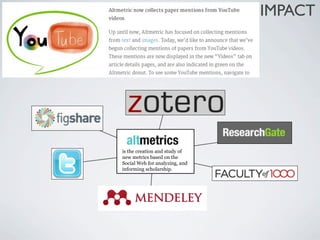 In the Web era, scholarship leaves footprints.                    IMPACT
The editors and reviewers employed as proxy community
assessors will be replaced by the aggregated, collective
judgements of communities themselves
                               J. PRIEM, 2013. NATURE, 495, 437




                               is the creation and study of
                               new metrics based on the
                               Social Web for analyzing, and
                               informing scholarship.
 