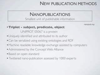 NEW PUBLICATION METHODS

                 NANOPUBLICATIONS
             Smallest unit of publishable information
                                                        nanopub.org
•Triplet - subject, predicate, object:
           UNIPROT 05067 is a protein
•Uniquely identiﬁed and attributed to its author
•Can be serialized using existing ontologies and RDF
•Machine readable: knowledge exchange assisted by computers
•Administered by the Concept Web Alliance
•Based on open standard
• Twittered nano-publication assessed by 1000 experts
 