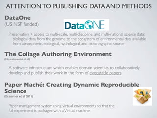 ATTENTION TO PUBLISHING DATA AND METHODS
DataOne
(US NSF funded)

  Preservation + access to multi-scale, multi-discipline, and multi-national science data:
    biological data from the genome to the ecosystem of environmental data available
    from atmospheric, ecological, hydrological, and oceanographic source

The Collage Authoring Environment
(Nowakowski et al)

  A software infrastructure which enables domain scientists to collaboratively
  develop and publish their work in the form of executable papers

Paper Maché: Creating Dynamic Reproducible
Science
(Brammer et al 2011)


  Paper management system using virtual environments so that the
  full experiment is packaged with a Virtual machine.
 