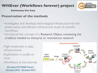 Wf4Ever (Workﬂows forever) project
       Astronomy Use Case

Preservation of the methods

 • Investigatesand develops technological infrastructure for the
   preservation and efﬁcient retrieval and reuse of scientiﬁc
   workﬂows
 • Introduced the concept of a Research Object, containing the
   artefacts needed to interpret or reconstruct research

- High investment in data
  infrastructures
- Exploitation is usually an
  issue
- Workﬂows as live-tutorials
    EU FUNDED FP7 STREP PROJECT
   DECEMBER 2010 – DECEMBER 2013
 