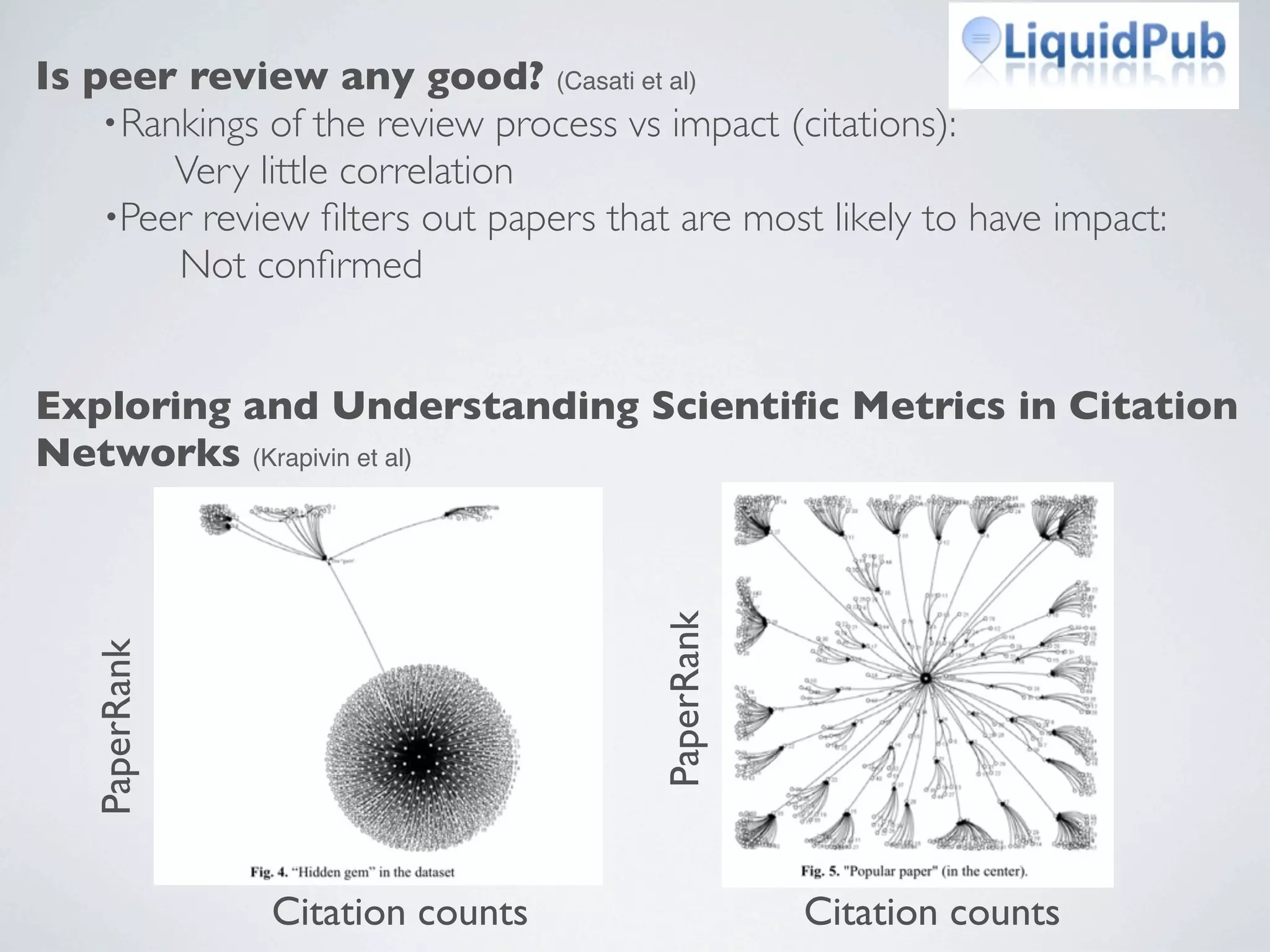 Is peer review any good? (Casati et al)
•Rankings of the review process vs impact (citations):
Very little correlation
•Peer review ﬁlters out papers that are most likely to have impact:
Not conﬁrmed
Exploring and Understanding Scientiﬁc Metrics in Citation
Networks (Krapivin et al)
Citation counts Citation counts
PaperRank
PaperRank
 