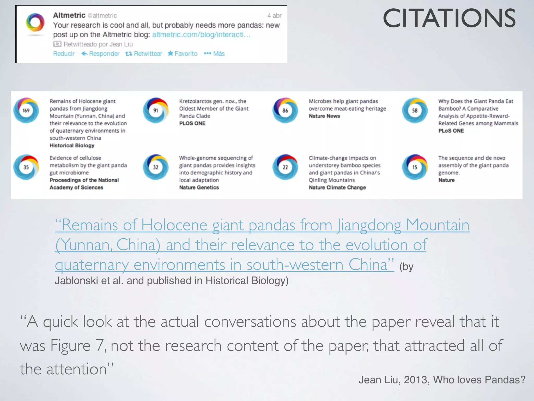 CITATIONS
“Remains of Holocene giant pandas from Jiangdong Mountain
(Yunnan, China) and their relevance to the evolution of
quaternary environments in south-western China” (by
Jablonski et al. and published in Historical Biology)
“A quick look at the actual conversations about the paper reveal that it
was Figure 7, not the research content of the paper, that attracted all of
the attention”
Jean Liu, 2013, Who loves Pandas?
 