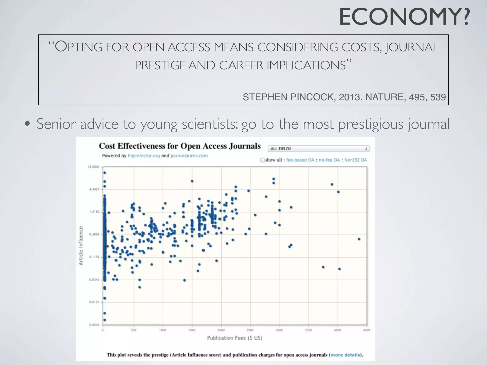 • Senior advice to young scientists: go to the most prestigious journal
“OPTING FOR OPEN ACCESS MEANS CONSIDERING COSTS, JOURNAL
PRESTIGE AND CAREER IMPLICATIONS”
STEPHEN PINCOCK, 2013. NATURE, 495, 539
ECONOMY?
 