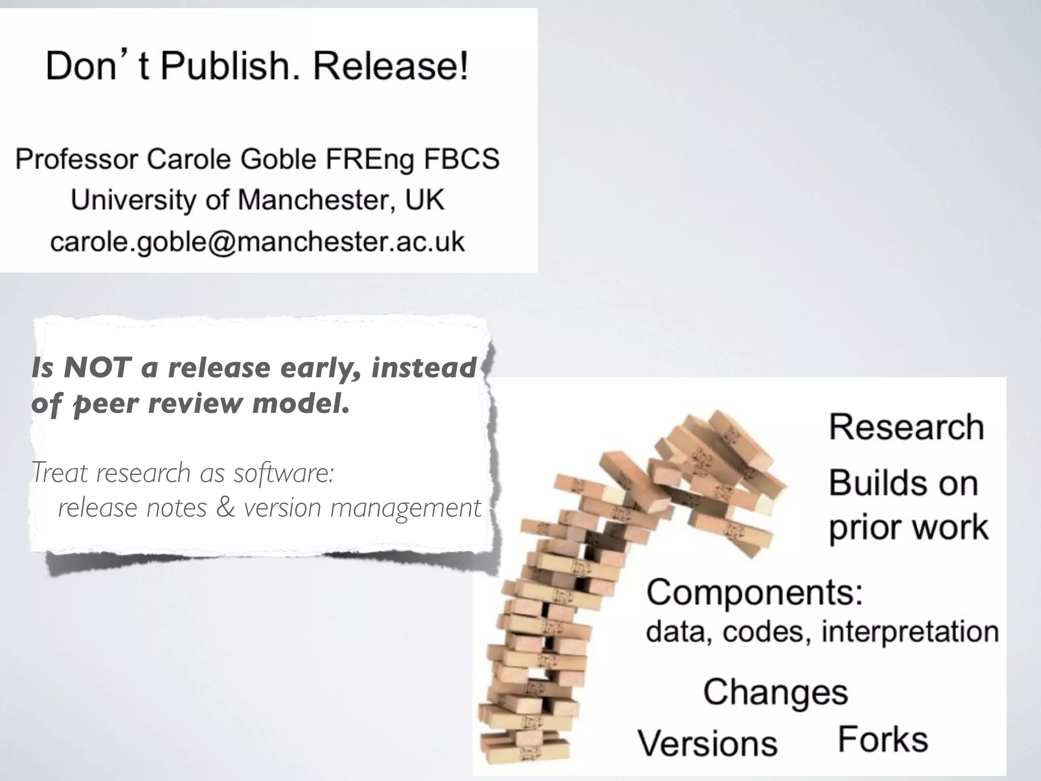 Is NOT a release early, instead
of peer review model.
Treat research as software:
release notes & version management
 