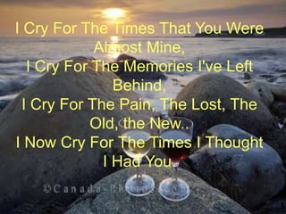 I Cry For The Times That You Were Almost Mine,I Cry For The Memories I've Left Behind,I Cry For The Pain, The Lost, The Old, the New..I Now Cry For The Times I Thought I Had You.