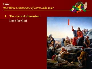 Love
The Three Dimensions of Love: Luke 10:27
1. The vertical dimension:
Love for God
 