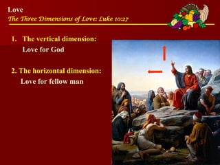 Love
The Three Dimensions of Love: Luke 10:27
1. The vertical dimension:
Love for God
2. The horizontal dimension:
Love for fellow man
 