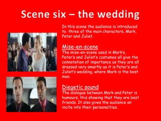 Panning shot- to show the new scene.Diegetic sound In the dialogue enigma codes and action codes are used to give the audience information about the main characters they also leave the viewers want to see the rest of the filmby ‘hocking’ them. Non-diegetic sound Music is played all the way through the film opening to set the atmosphere . It also helps shows the characters emotions. A voice over is used a the very beginning to set the theme of the film.