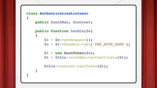 class AuthenticationListener
{
public $authMan, $context;
public function handle($e)
{
$r = $e->getRequest();
$u = $r->headers->get('PHP_AUTH_USER');
$t = new AnonToken($u);
$t = $this->authMan->authenticate($t);
$this->context->setToken($t);
}
}
 