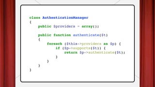 class AuthenticationManager
{
public $providers = array();
public function authenticate($t)
{
foreach ($this->providers as $p) {
if ($p->supports($t)) {
return $p->authenticate($t);
}
}
}
}
 