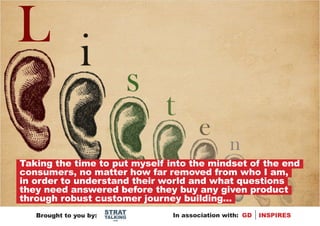 Taking the time to put myself into the mindset of the end
consumers, no matter how far removed from who I am,
in order to understand their world and what questions
they need answered before they buy any given product
through robust customer journey building...
                        STRAT
   Brought to you by:   TALKING   In association with: GD   INSPIRES
                          .com
 