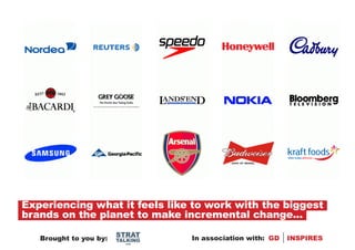 Experiencing what it feels like to work with the biggest
brands on the planet to make incremental change...
                        STRAT
   Brought to you by:   TALKING   In association with: GD   INSPIRES
                          .com
 