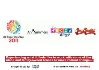 Experiencing what it feels like to work with some of the
niche and family-owned brands to make radical change...
                        STRAT
   Brought to you by:   TALKING   In association with: GD   INSPIRES
                          .com
 