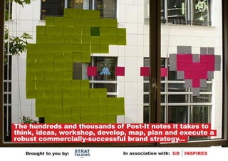 The hundreds and thousands of Post-It notes it takes to
think, ideas, workshop, develop, map, plan and execute a
robust commercially-successful brand strategy...
                        STRAT
   Brought to you by:   TALKING   In association with: GD   INSPIRES
                          .com
 