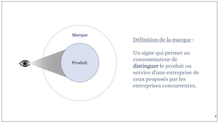 Marque
Produit
Définition de la marque :
Un signe qui permet au
consommateur de
distinguer le produit ou
service d'une entreprise de
ceux proposés par les
entreprises concurrentes.
8
 