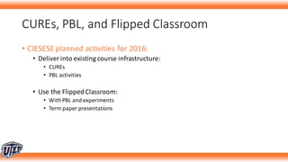 CUREs,	PBL,	and	Flipped	Classroom
• CIESESE	planned	activities	for	2016:
• Deliver	into	existing	course	infrastructure:
• CUREs
• PBL	activities
• Use	the	Flipped	Classroom:
• With	PBL	and	experiments
• Term	paper	presentations
 