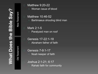 NewTestamentOldTestament
Matthew 9:20-22
› Woman issue of blood
Matthew 10:46-52
› Bartimaeus shouting blind man
Mark 2:1-5
› Paralyzed man on roof
Genesis 17-22:1-18
› Abraham father of faith
Genesis 7-9:1-17
› Noah keeper of faith
Joshua 2:1-21; 6:17
› Rahab faith for community
 