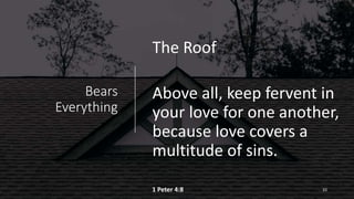 Bears
Everything
The Roof
Above all, keep fervent in
your love for one another,
because love covers a
multitude of sins.
1 Peter 4:8 33
 