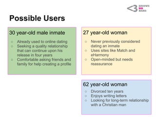 Possible Users
30 year-old male inmate                  27 year-old woman
○   Already used to online dating        ○   Never previously considered
○   Seeking a quality relationship           dating an inmate
    that can continue upon his           ○   Uses sites like Match and
    release in four years                    eHarmony
○   Comfortable asking friends and       ○   Open-minded but needs
    family for help creating a profile       reassurance




                                         62 year-old woman
                                         ○   Divorced ten years
                                         ○   Enjoys writing letters
                                         ○   Looking for long-term relationship
                                             with a Christian man
 